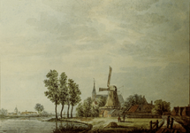 OVI-00001267 foto van prent houtzaagmolen met de kerk en kerk van Purmerland op achtergrond. Prent in NH-archief.